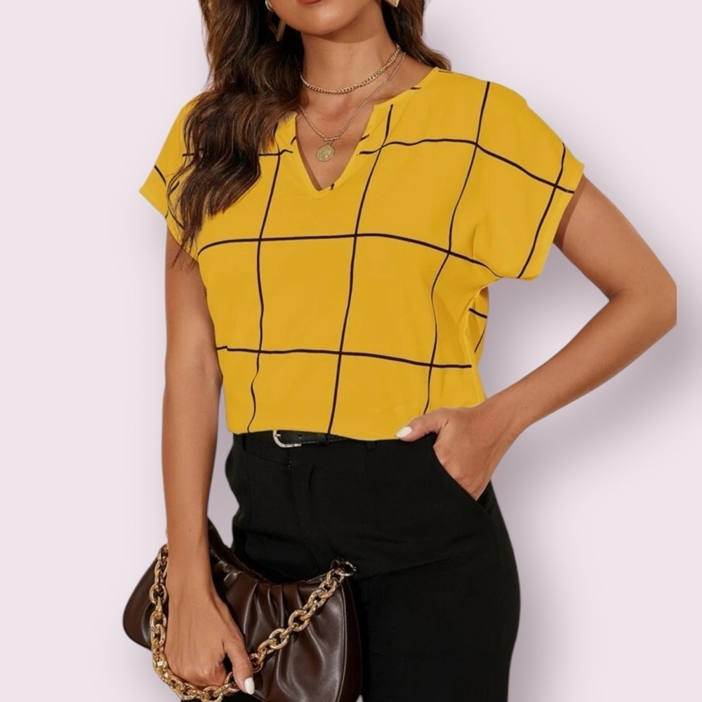 SHEIN Yellow Grid Print Blouse Short Sleeve V Neck Work Top Size L